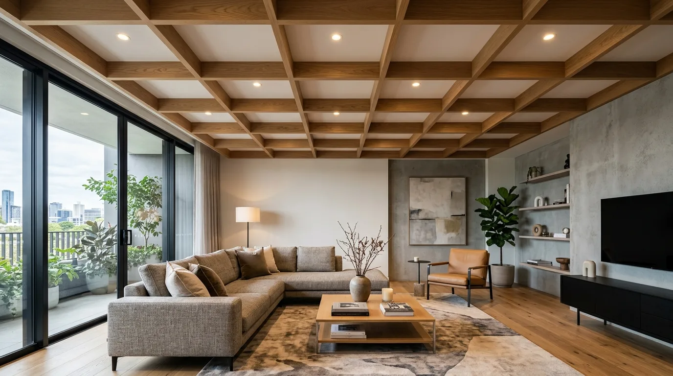 Wood slat ceiling with a dark recessed background