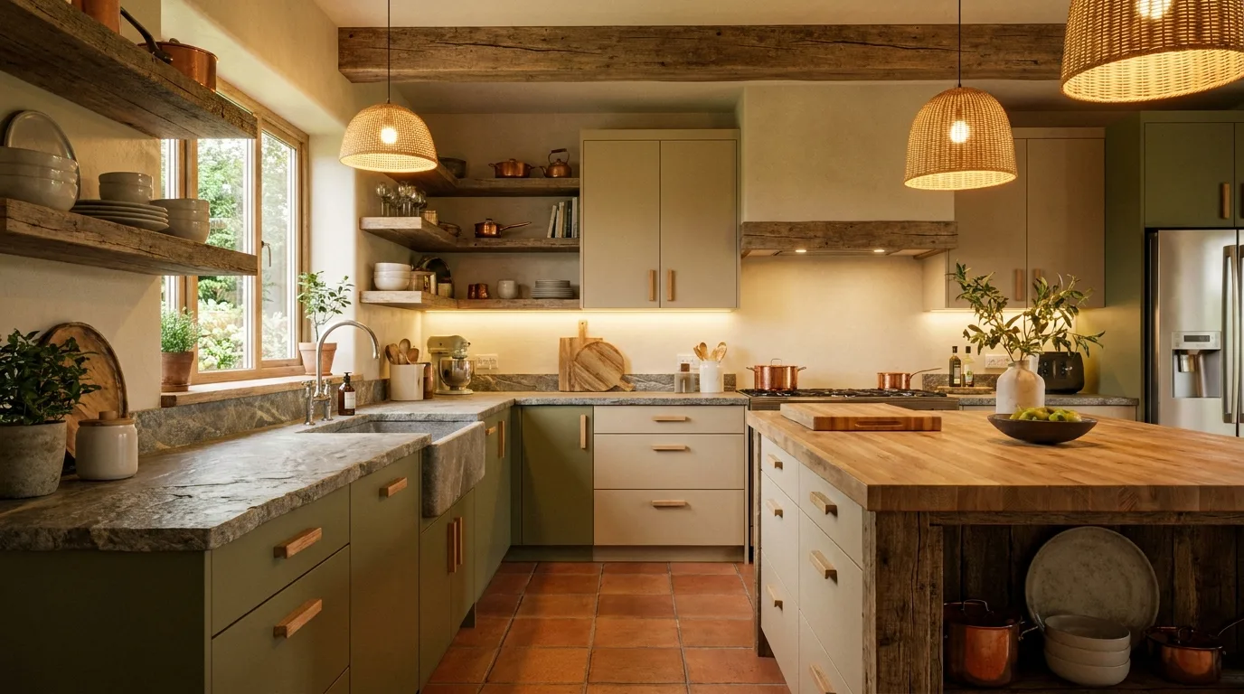 Mustard yellow and off-white kitchen cabinets
