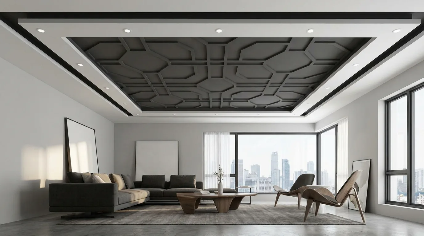 Two-tone blue POP ceiling with linear recessed details