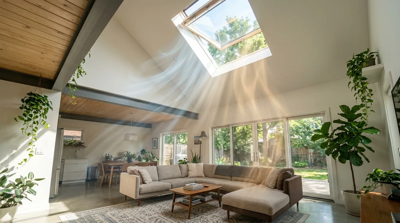 Whole-home air quality strategy combining skylight and ventilation