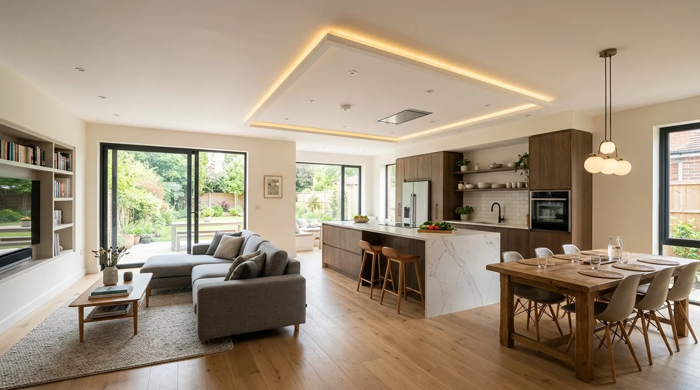 Luxury kitchen with a layered false ceiling and multiple lighting levels