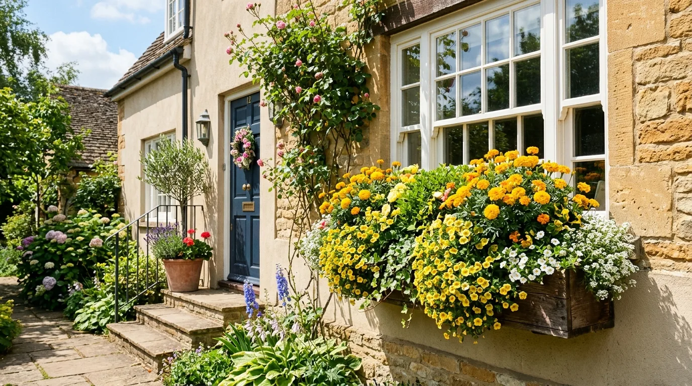 Lush tropical-inspired window box with bold foliage
