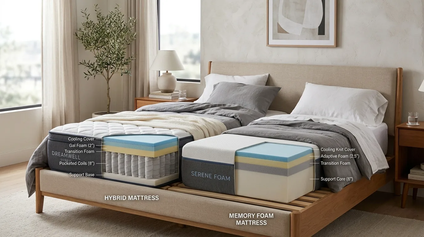 Visual summary comparing key hybrid and memory foam mattress differences