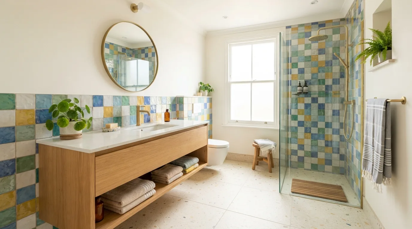 Terrazzo-look tiles used on a modern bathroom floor and wall