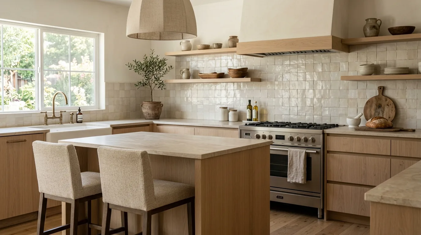 Small home bar featuring a distinctive glossy rust-colored zellige tile backsplash
