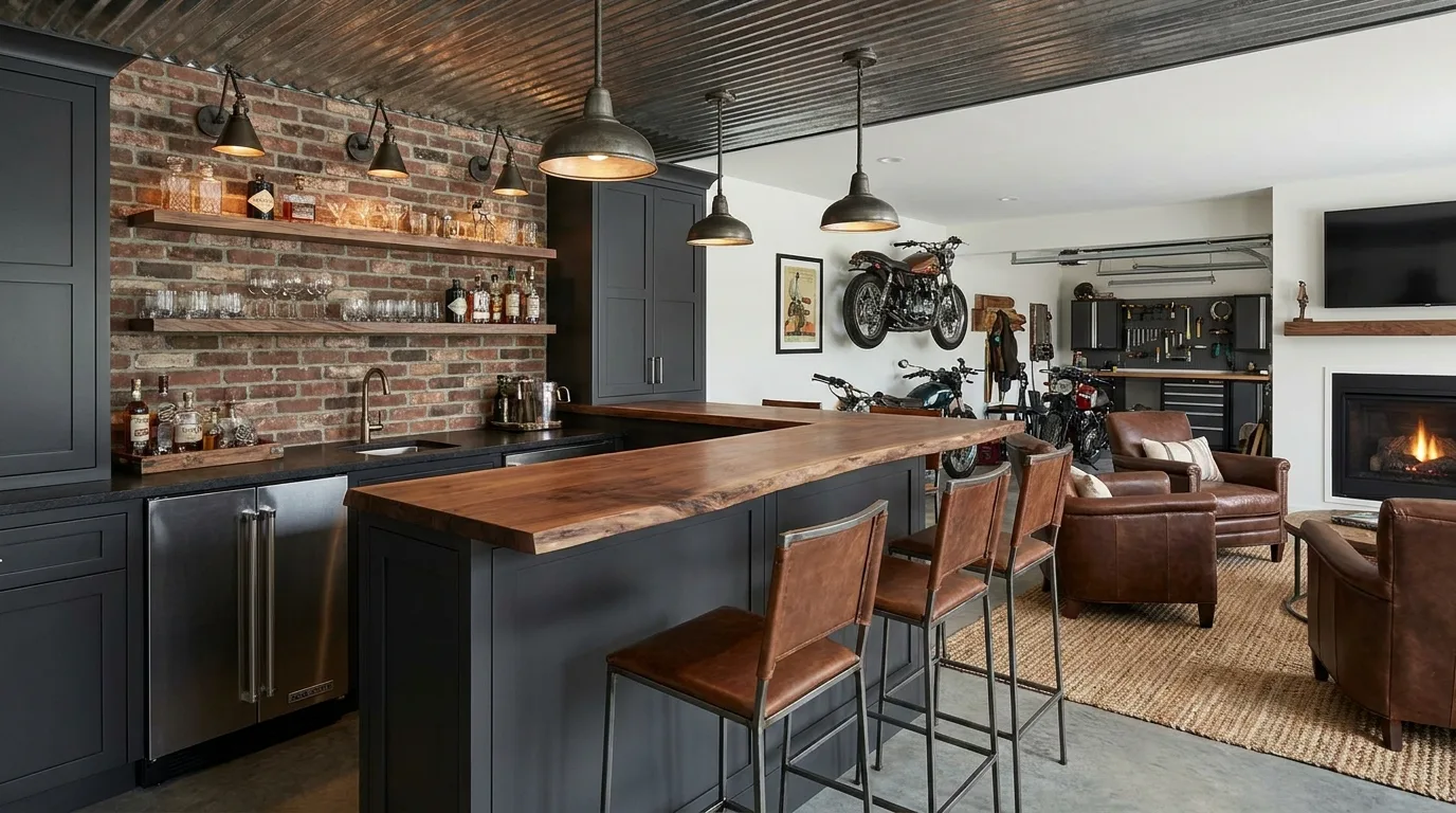 Garage sports memorabilia gallery with framed jerseys, display cabinets, shelves, and spotlights