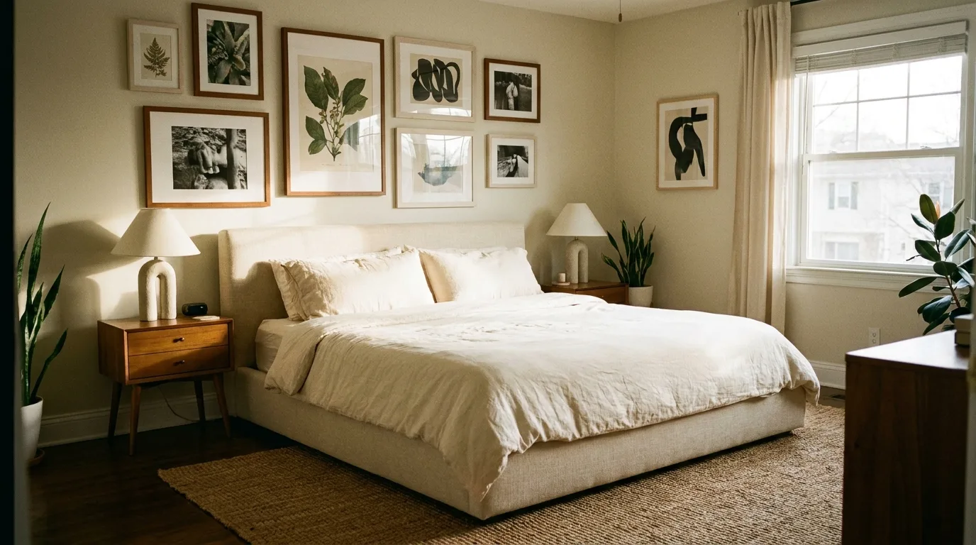 Eclectic bedroom wall with layered artwork and decorative pieces