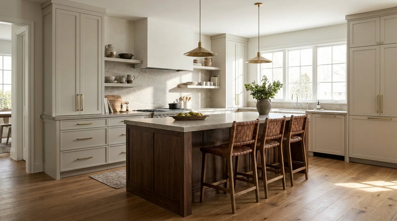 Light wood and soft black two-tone kitchen cabinets