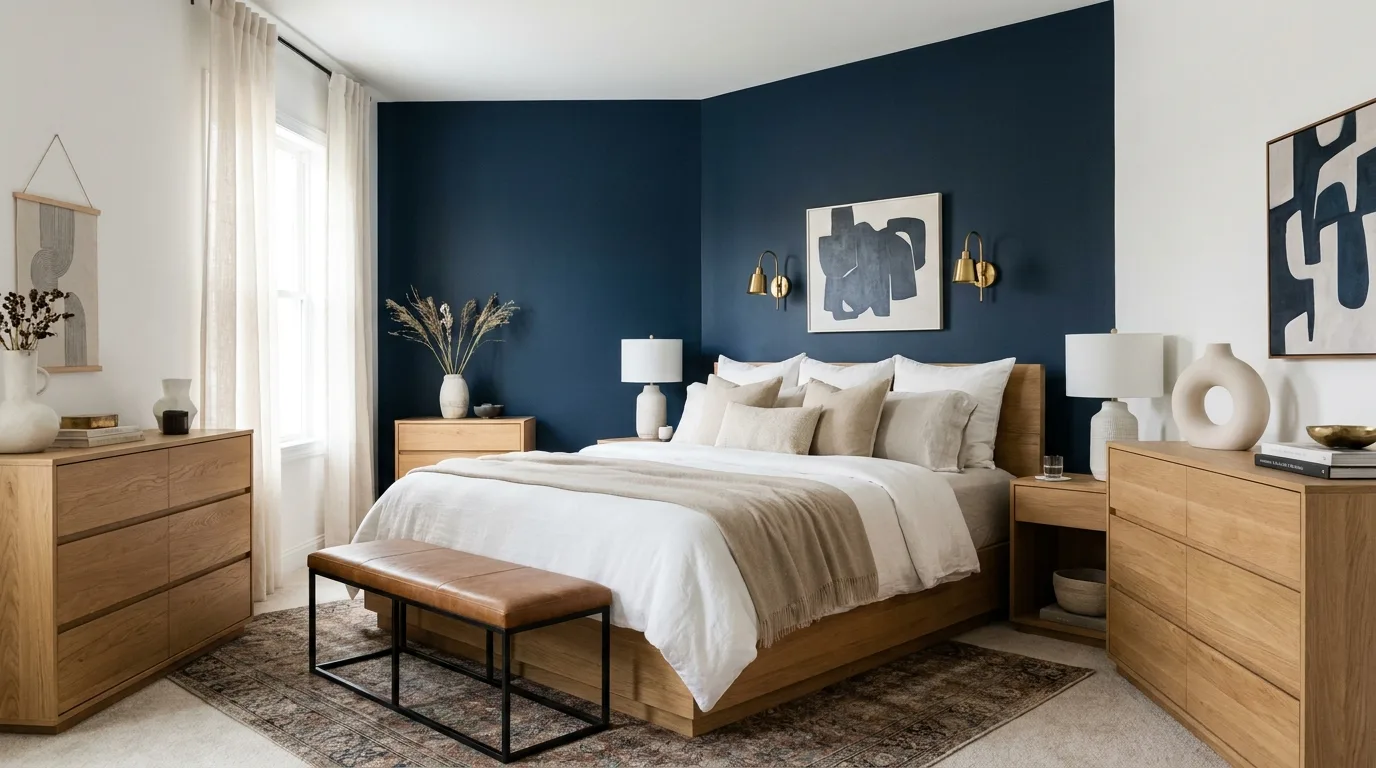 Blue and chocolate brown bedroom walls with warm decor