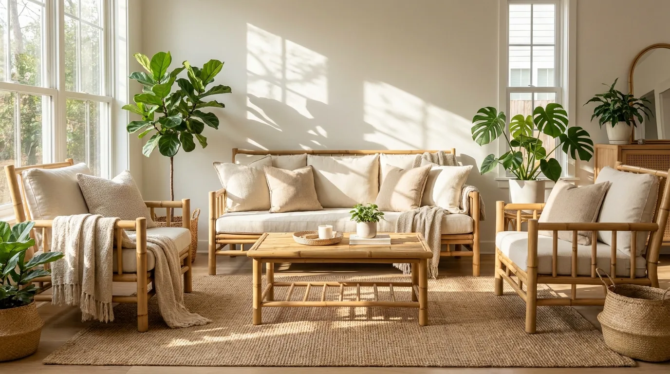 Reclaimed teak outdoor furniture on a patio.
