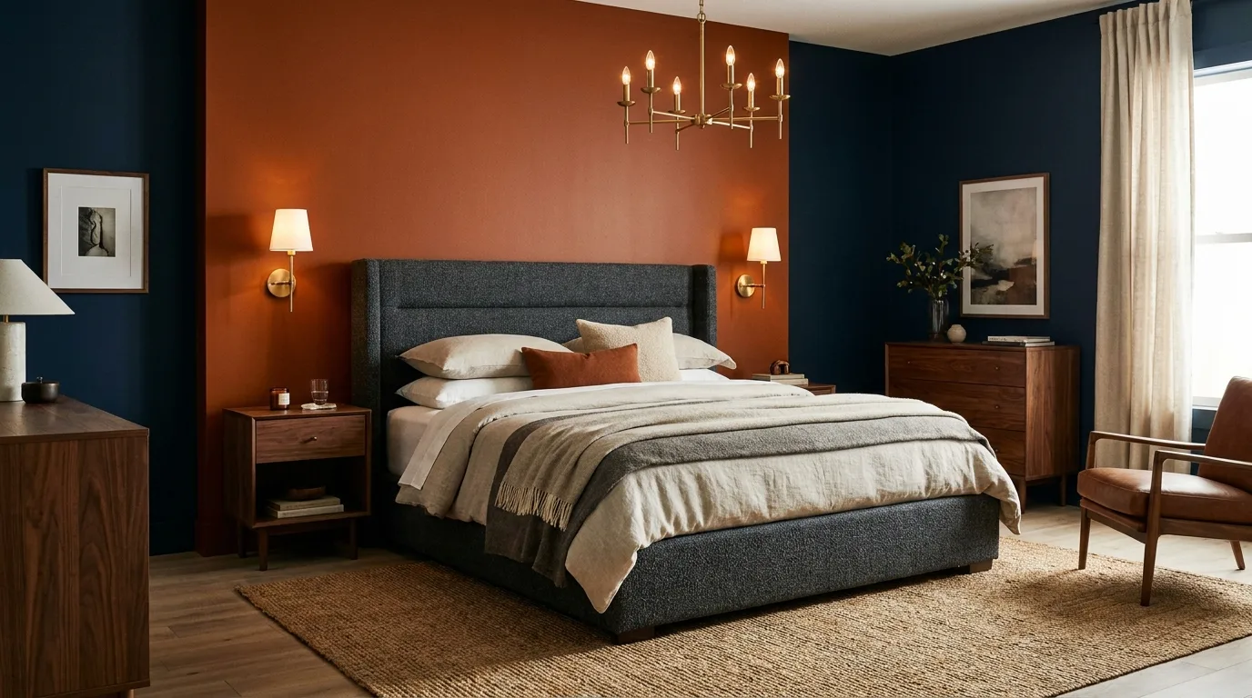 Eclectic peach orange and lavender bedroom