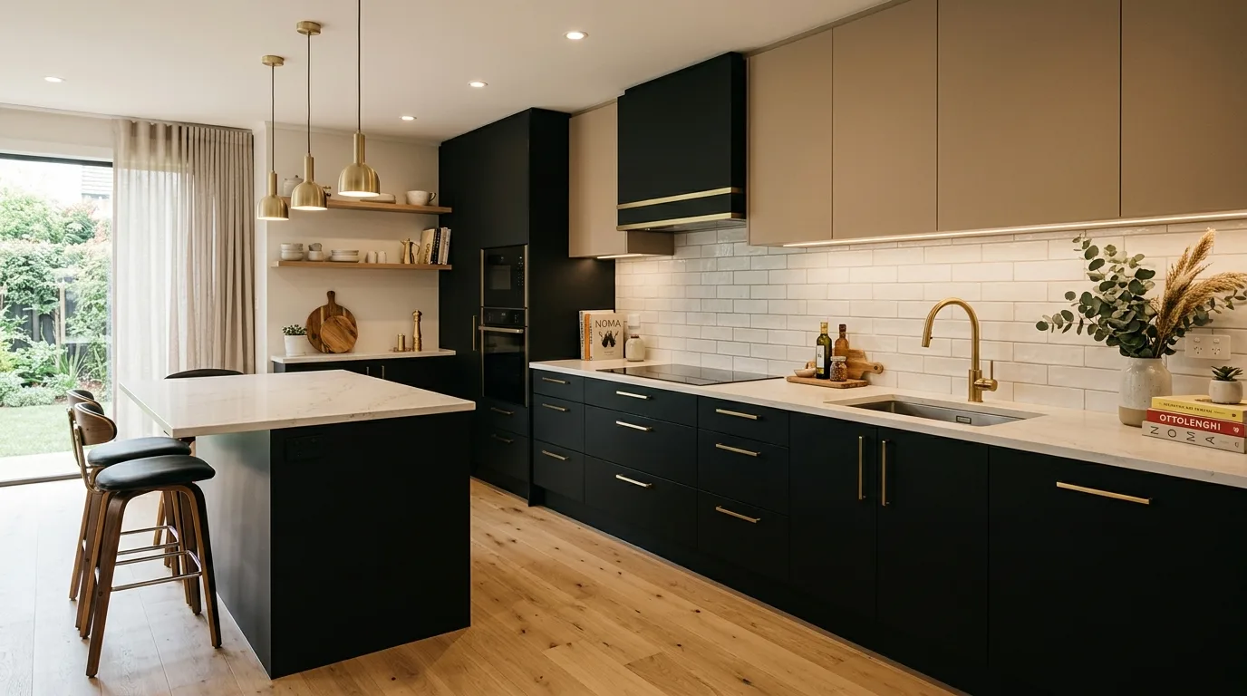 Greige and dark brown two-tone kitchen laminate design