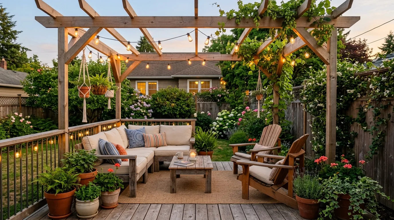 Backyard deck with a painted exterior accent wall
