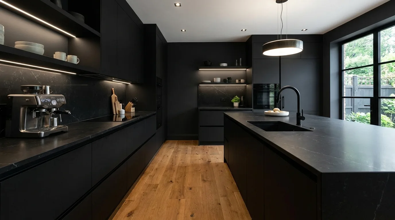 Industrial-style kitchen with black quartz countertops