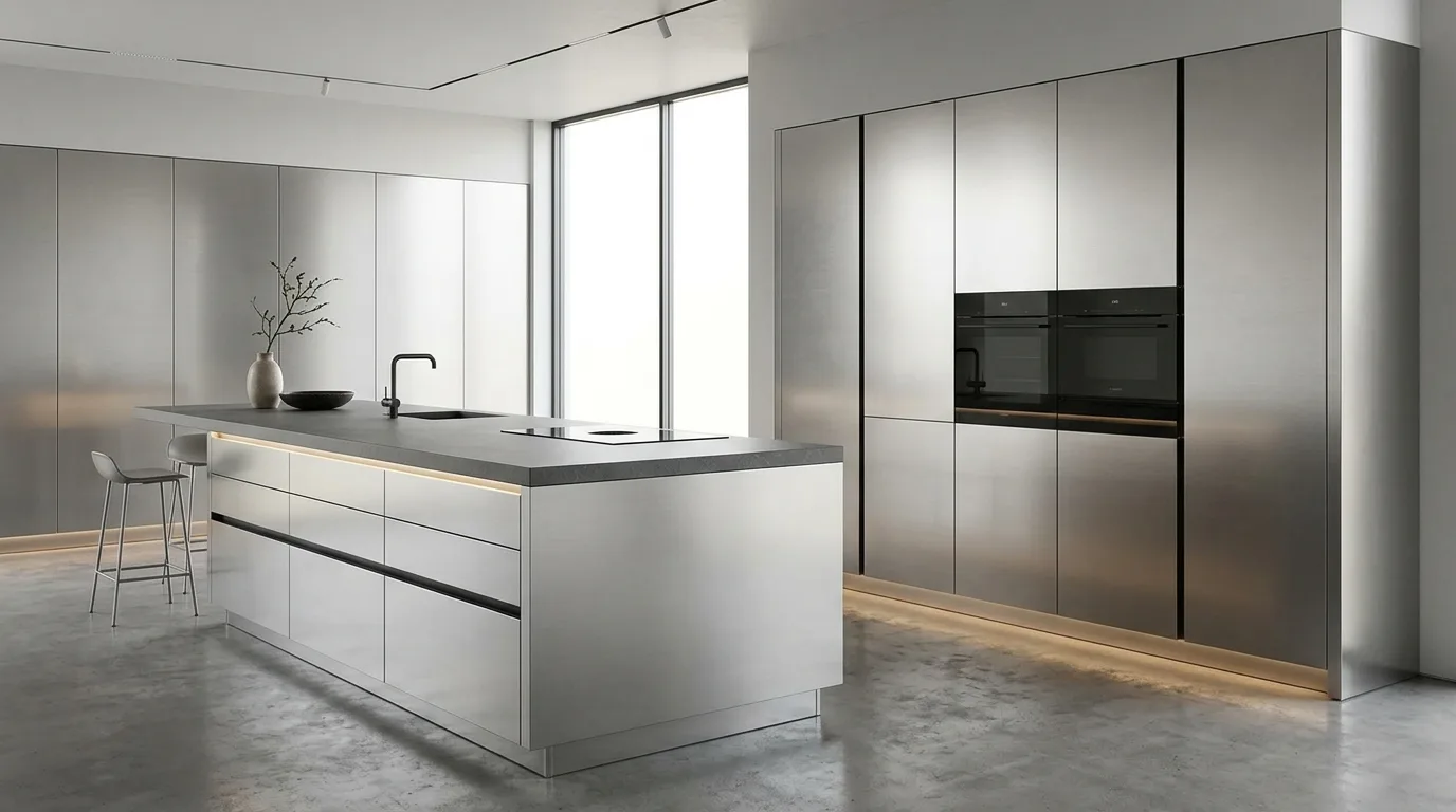 Glossy aluminium kitchen cabinets reflecting natural light
