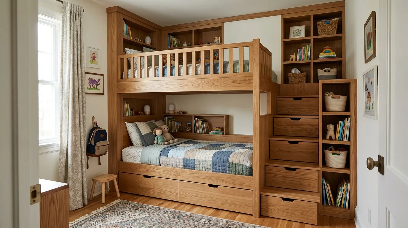 Two twin beds with a shared headboard and integrated bedside storage