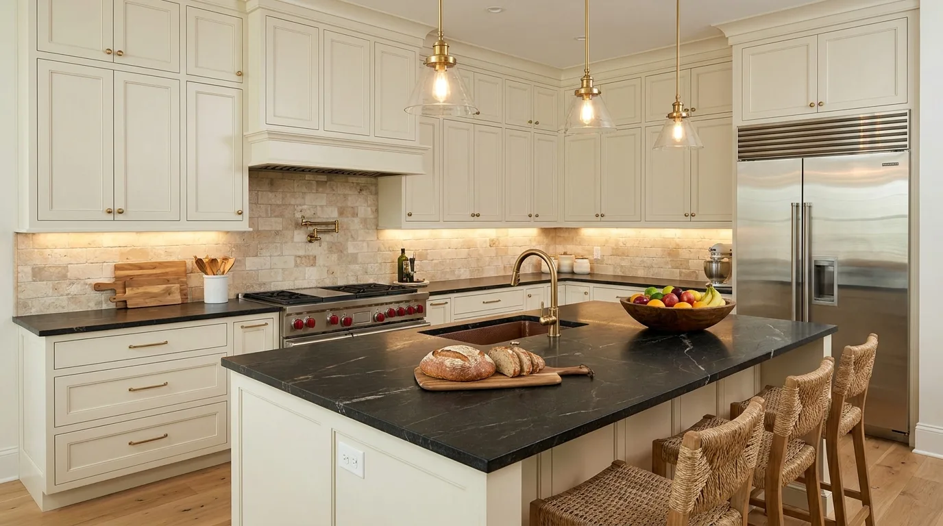 Kitchen with a matching countertop and full-height backsplash