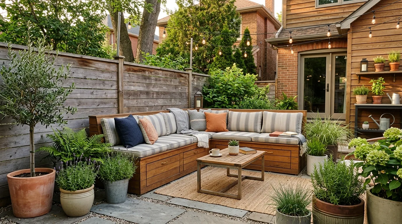 Small backyard patio with outdoor rug, cushioned seating, pillows, coffee table, and plants