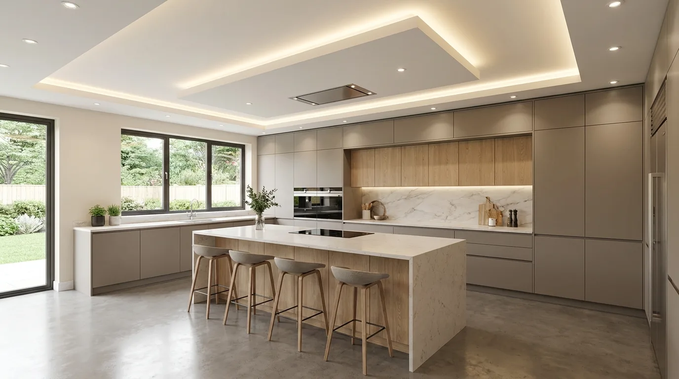 Contemporary kitchen with a curved illuminated false ceiling