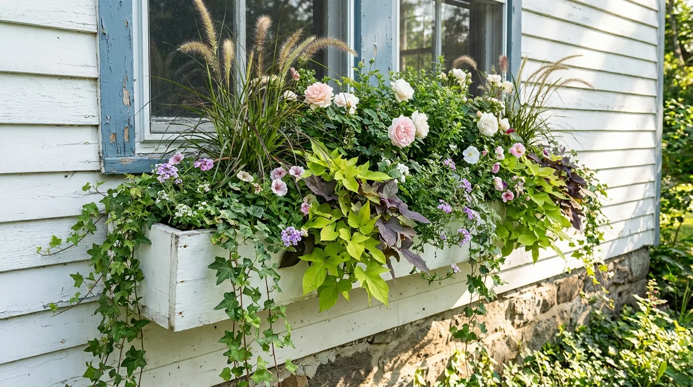 Window flower box growing strawberries with ripe fruit