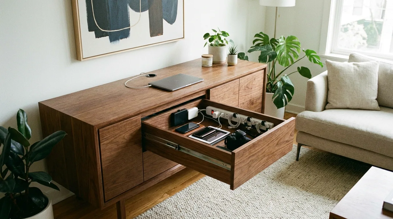 Baskets organized inside open living room shelves