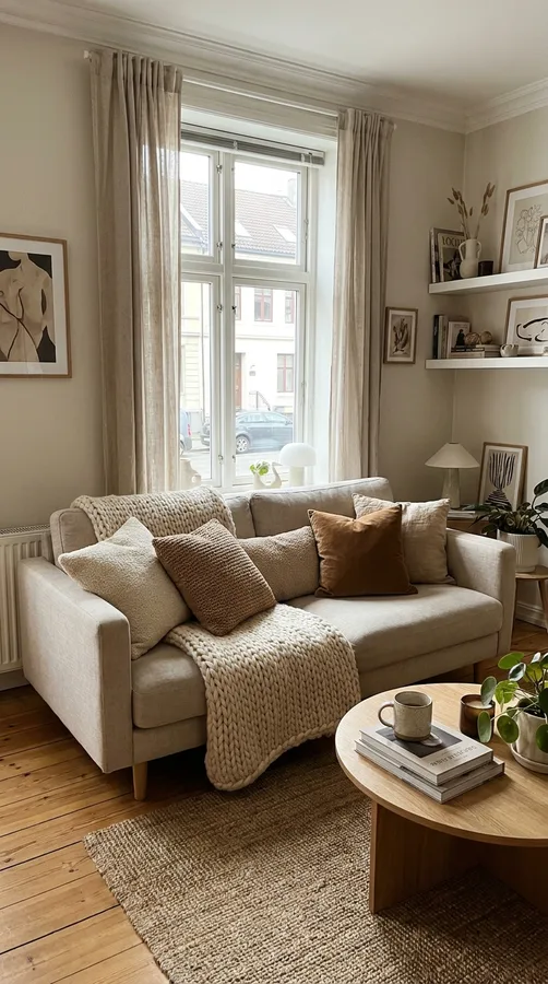 Personalized apartment living room with books, photos, and keepsakes