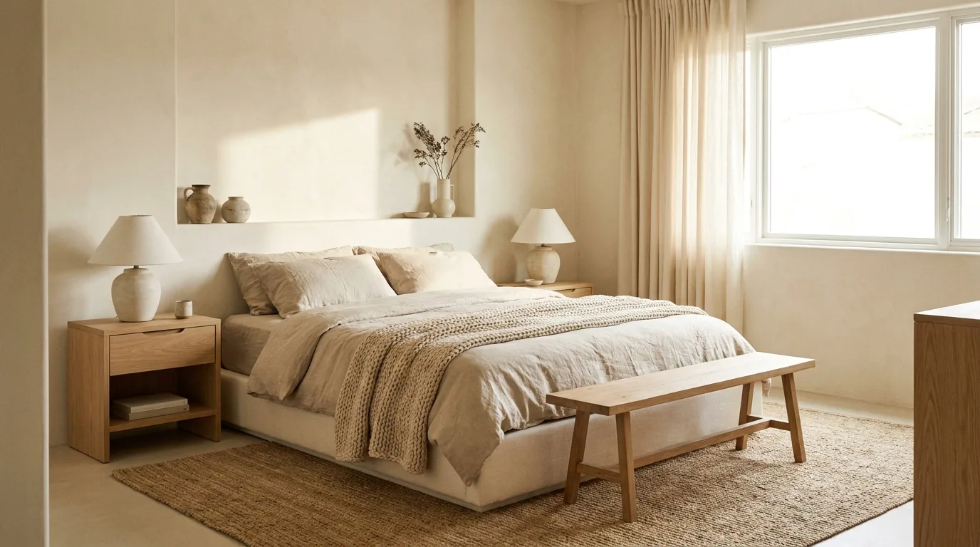 Serene minimalist bedroom with warm layered bedside and ceiling lighting