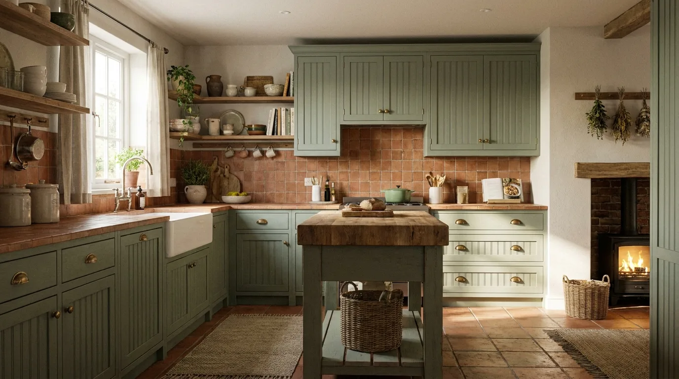 Elegant sage green kitchen with warm gold hardware and pale stone counters