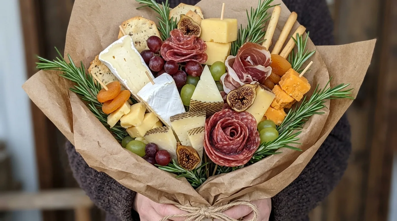 Luxury charcuterie bouquet with premium cured meats, cheese, figs, and grapes