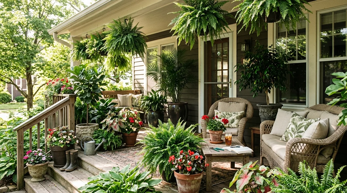 Decorative lanterns lighting a summer front porch