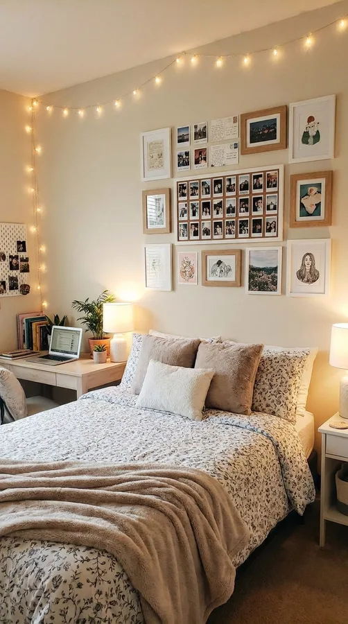 Personalized teen girl bedroom filled with meaningful photos, books, artwork, and favorite decor