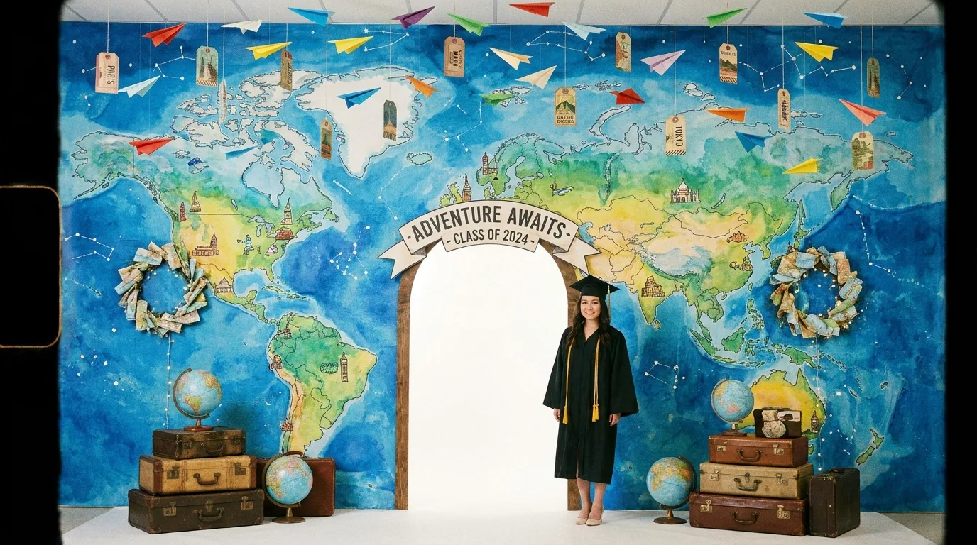Books and academic-themed graduation backdrop