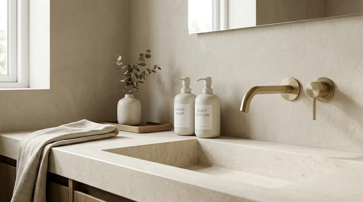 Subtle seasonal accents refresh a bathroom countertop