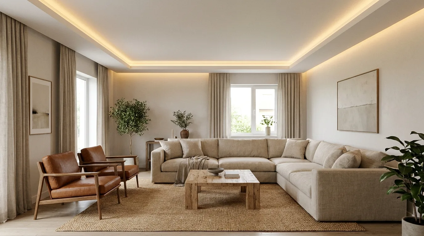 Minimalist living room with a narrow plain POP cornice