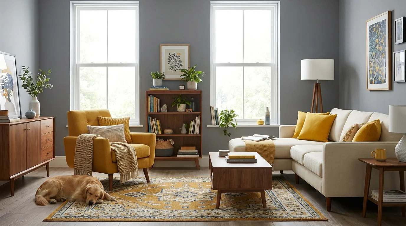 Grey and rust living room with warm contemporary decor