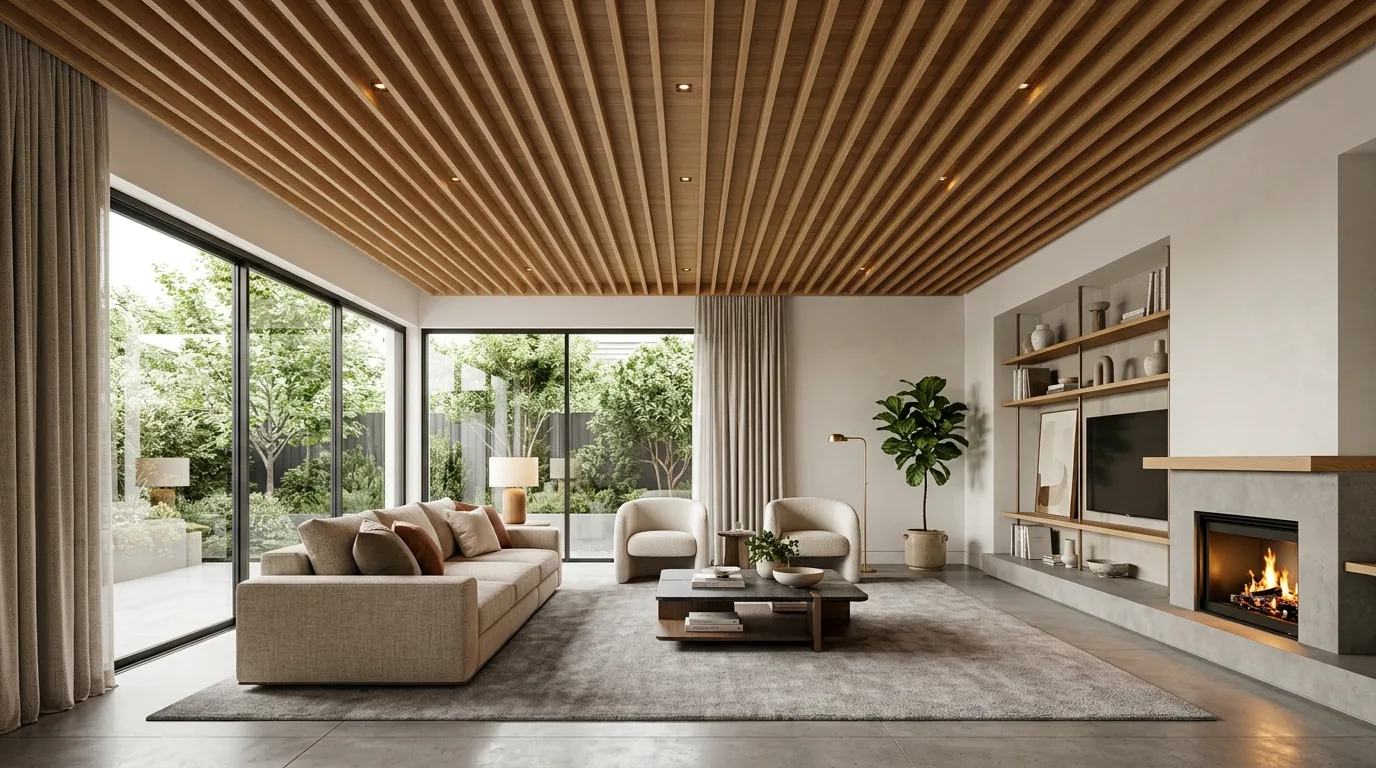 Wooden bedroom false ceiling coordinated with the headboard