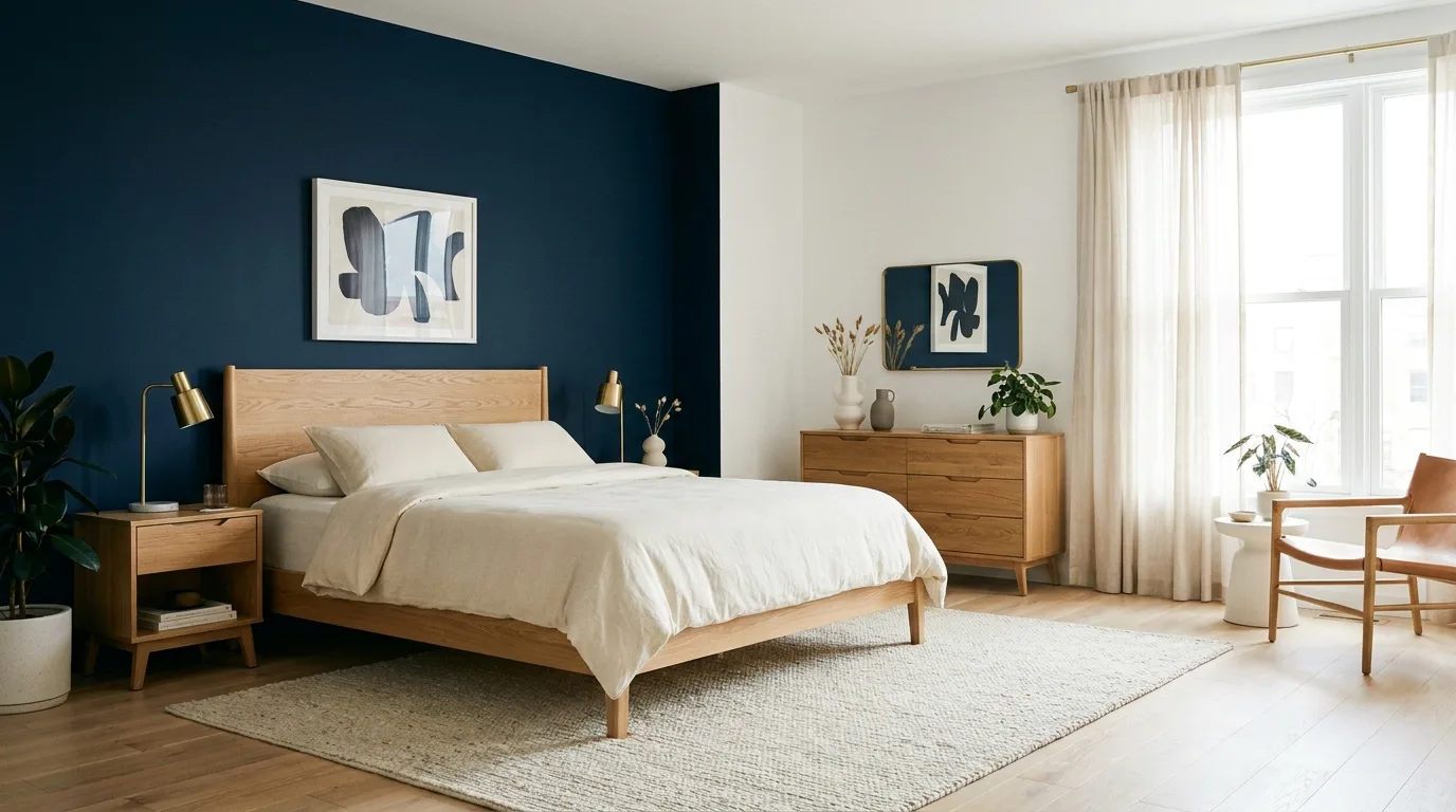 Bright contemporary bedroom with powder blue and warm greige walls, oak furniture, and cream bedding.