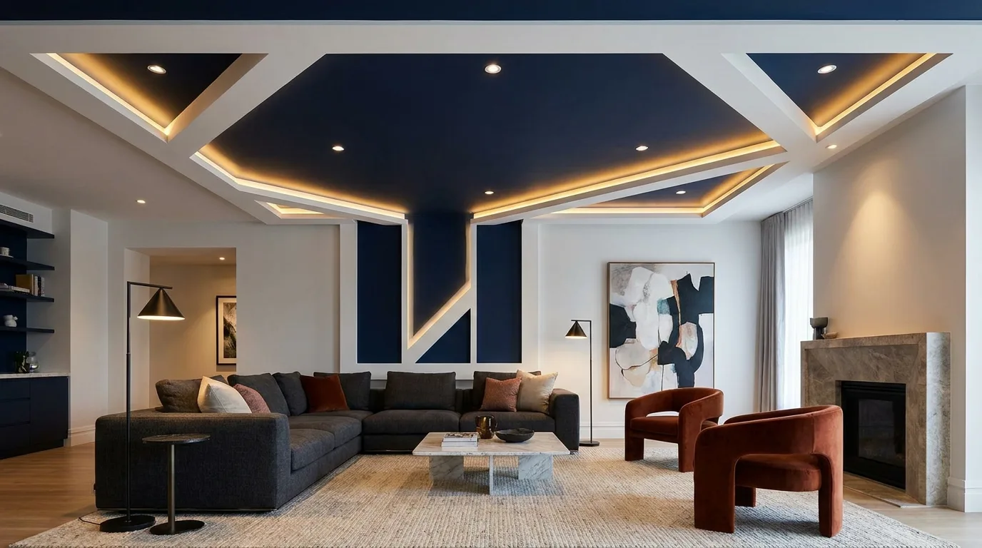 Soft peach and cream curved POP ceiling in a bedroom