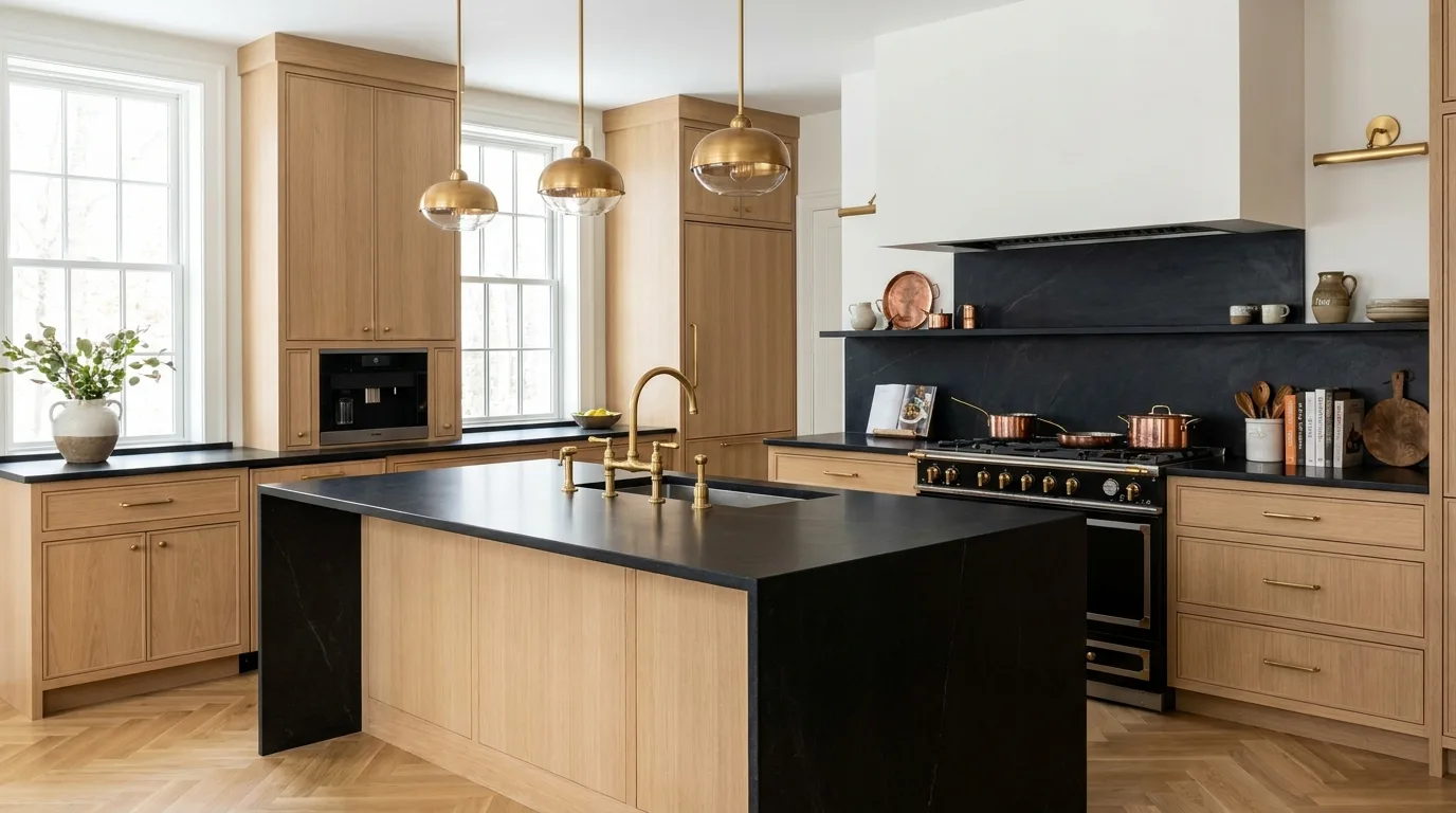 Modern black and beige kitchen with quartz countertops