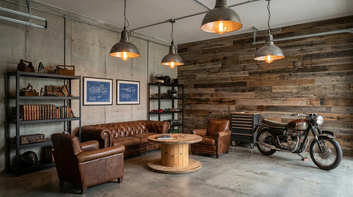Multipurpose garage combining a workshop with TV lounge, storage cabinets, and refrigerator