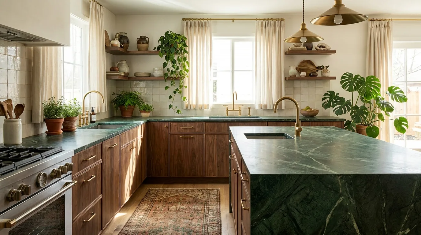 Kitchen with an extended countertop breakfast bar and stools
