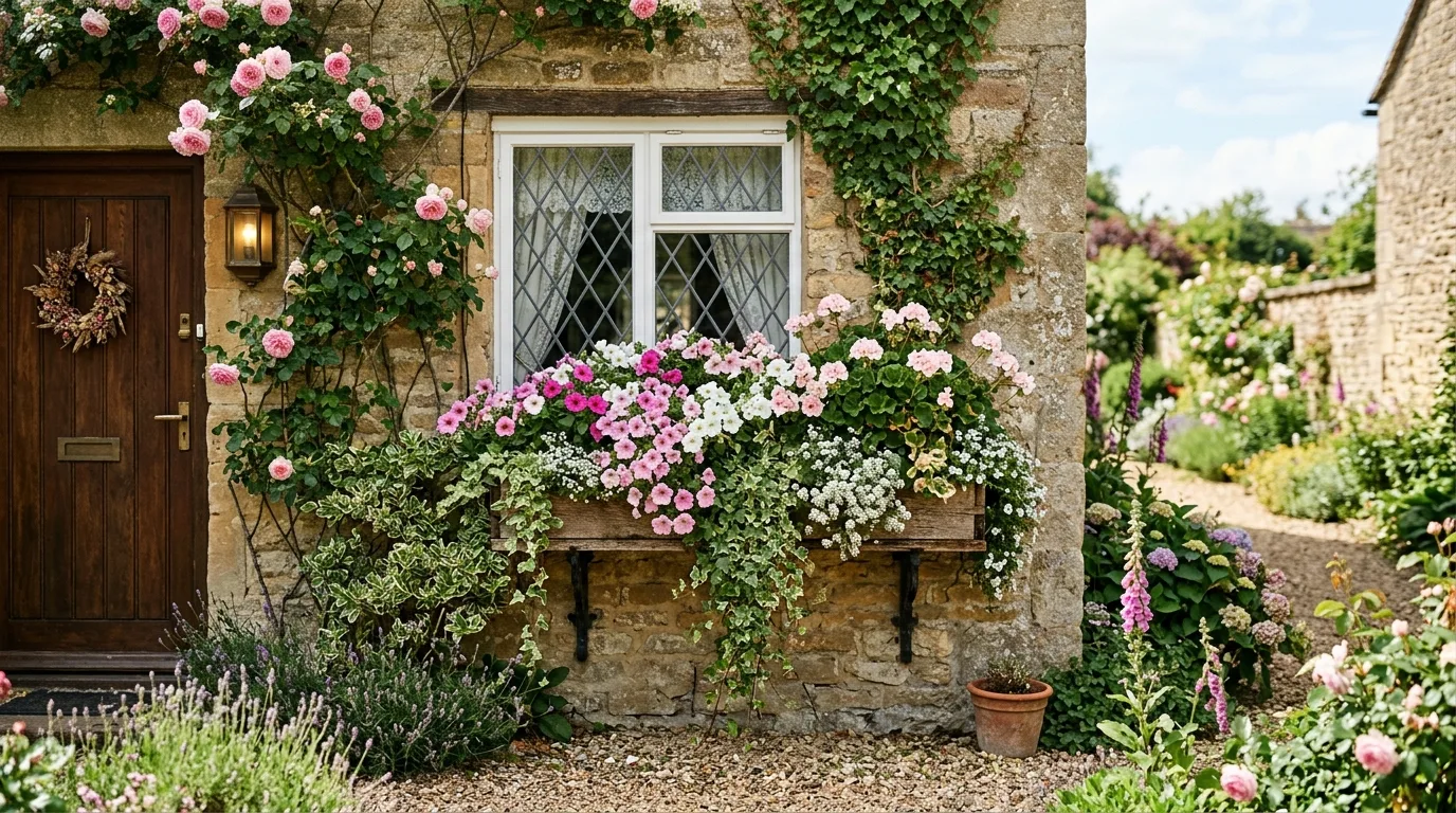 Autumn window flower box with chrysanthemums and seasonal foliage