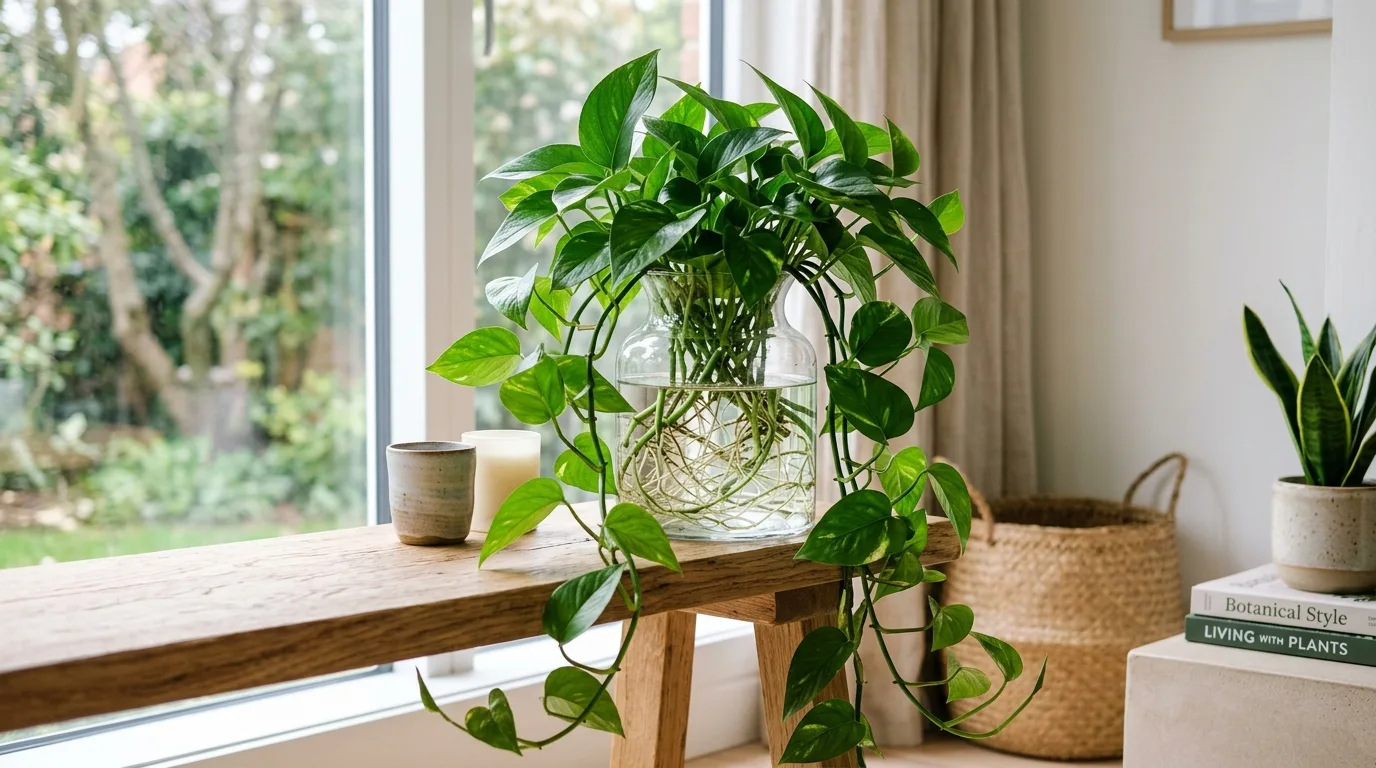 Sweet potato vine cuttings growing in water with cascading vines