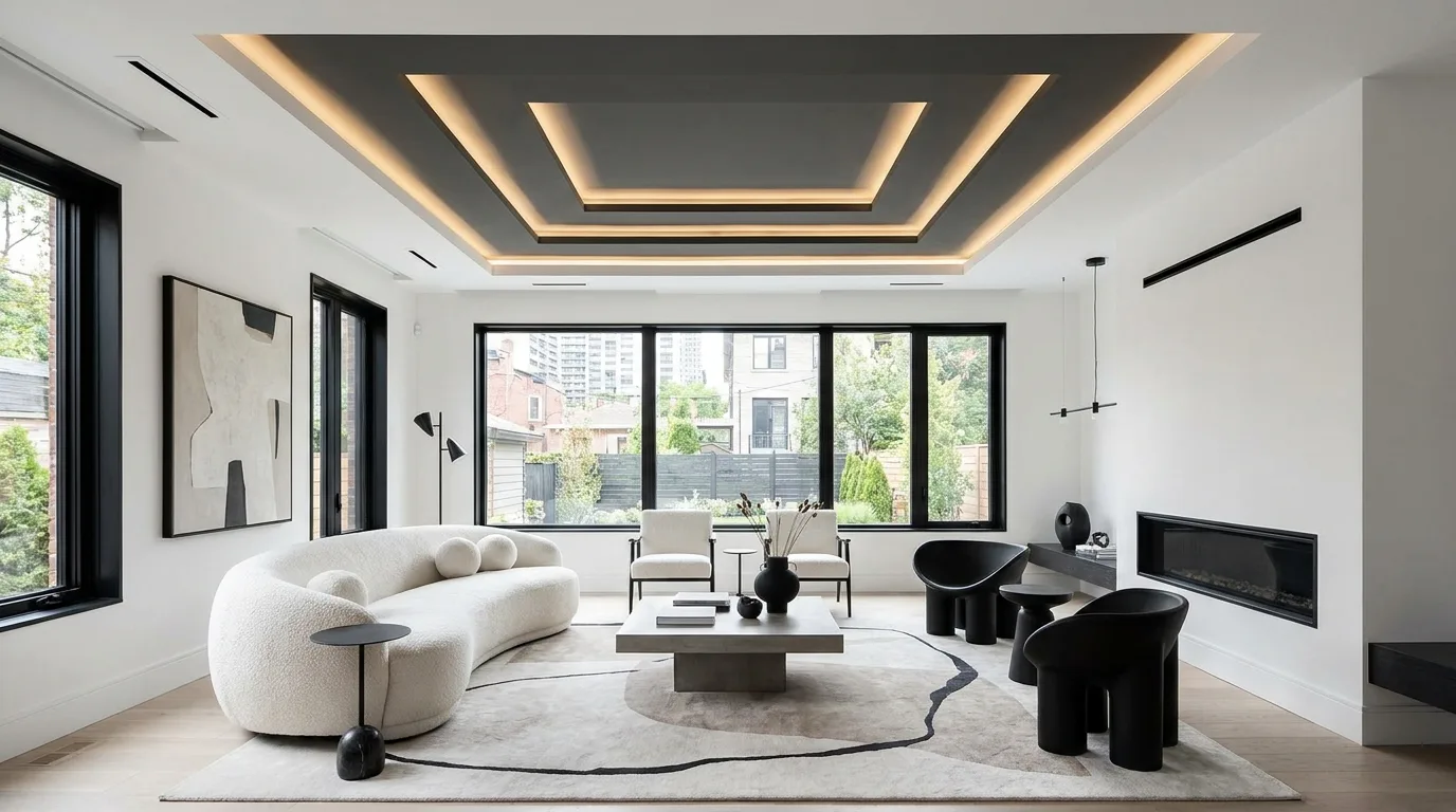 Open-plan home using color-blocked POP ceiling zones