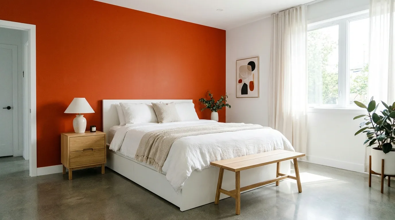 Layered orange and terracotta bedroom with earthy decor