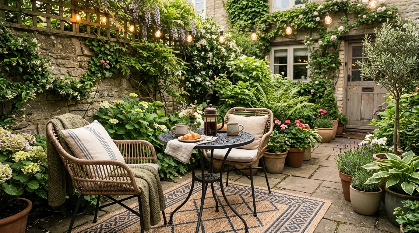 Cozy backyard reading retreat with lounge chair, side table, book, blanket basket, rug, and greenery