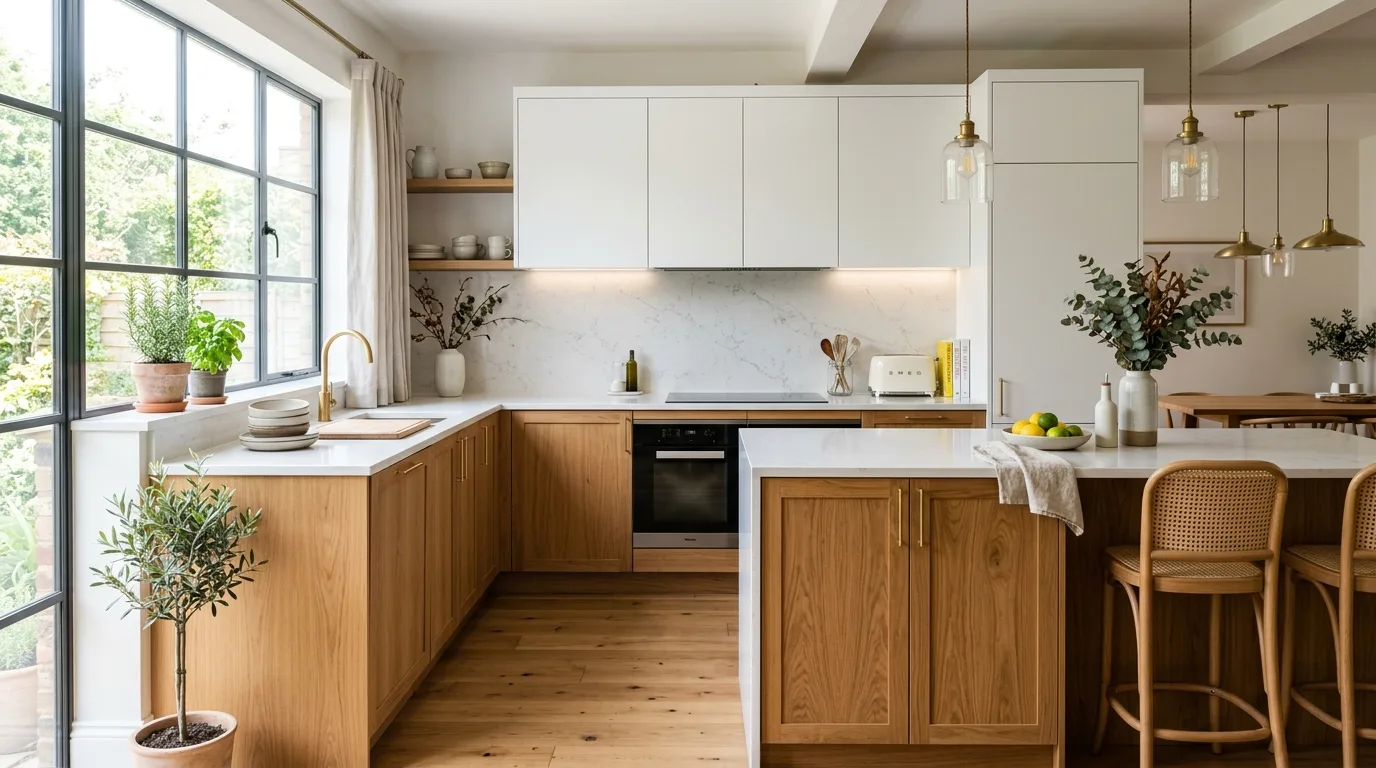 Deep blue and light wood two-color kitchen cabinets