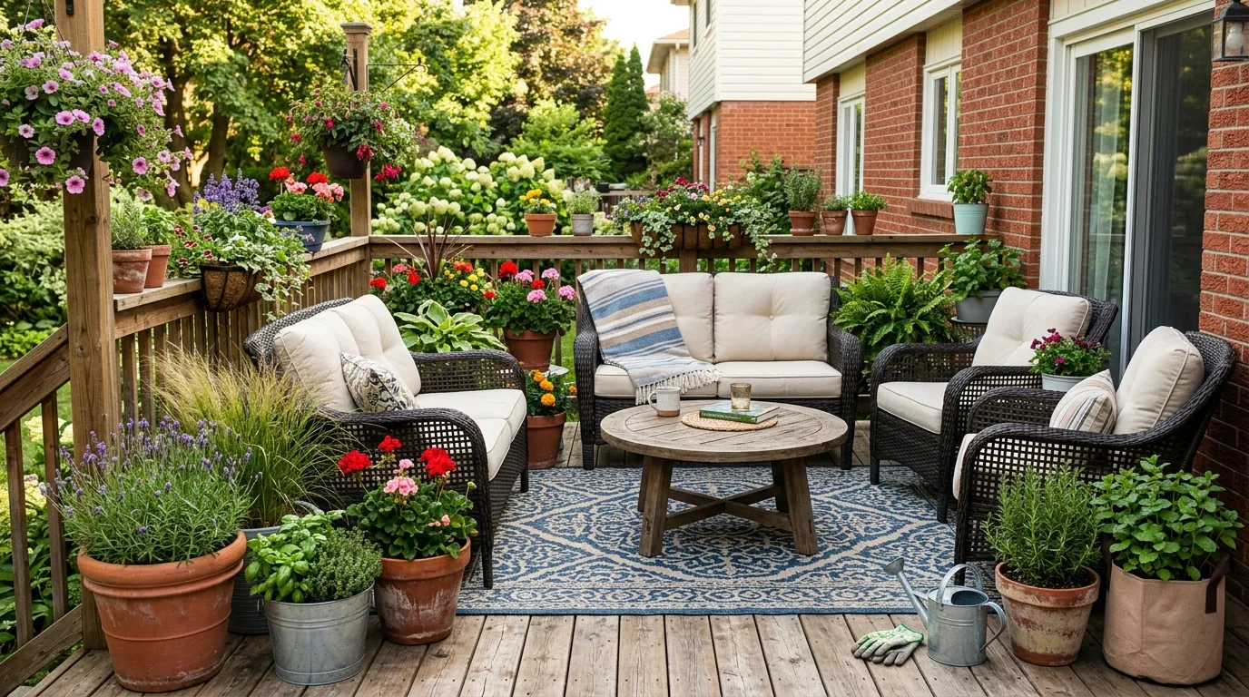 Portable fire pit beside a backyard deck seating area