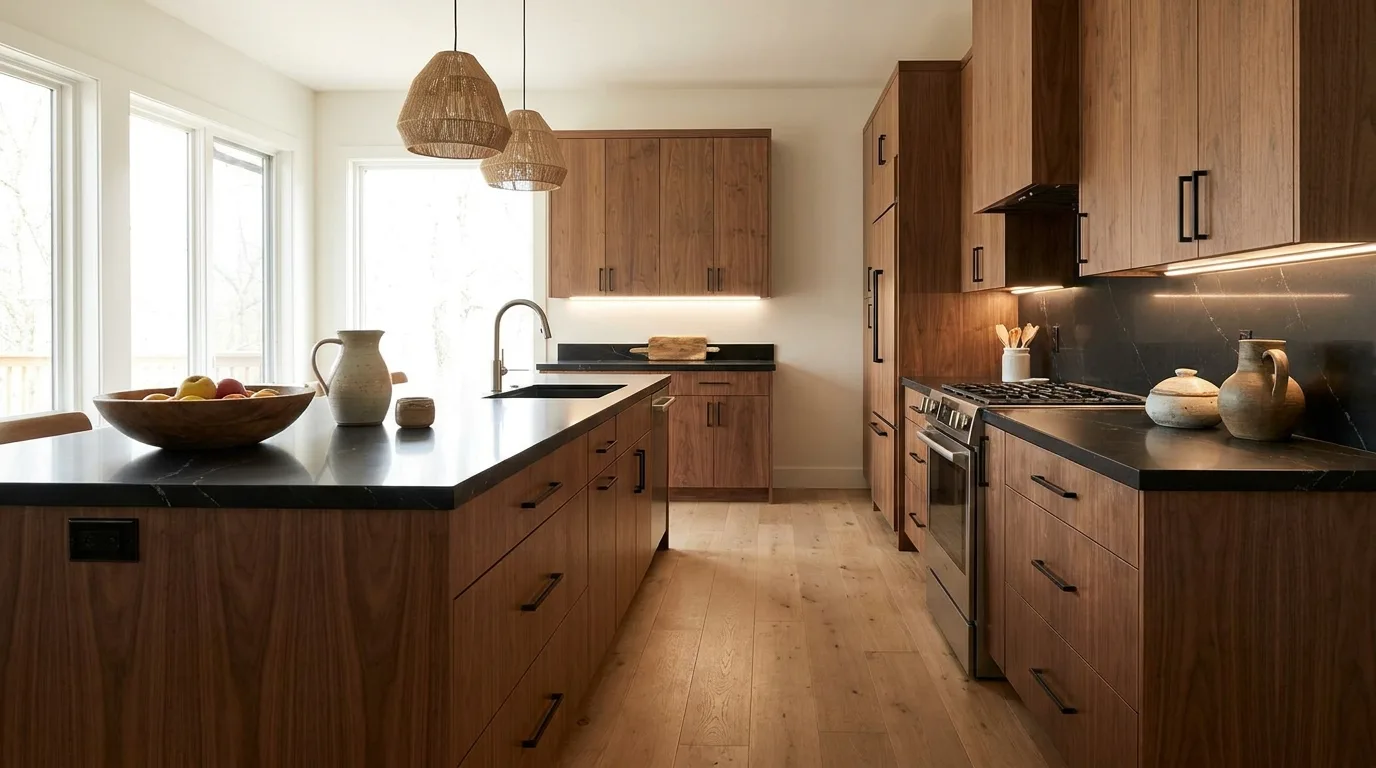 Black quartz breakfast bar with modern kitchen stools