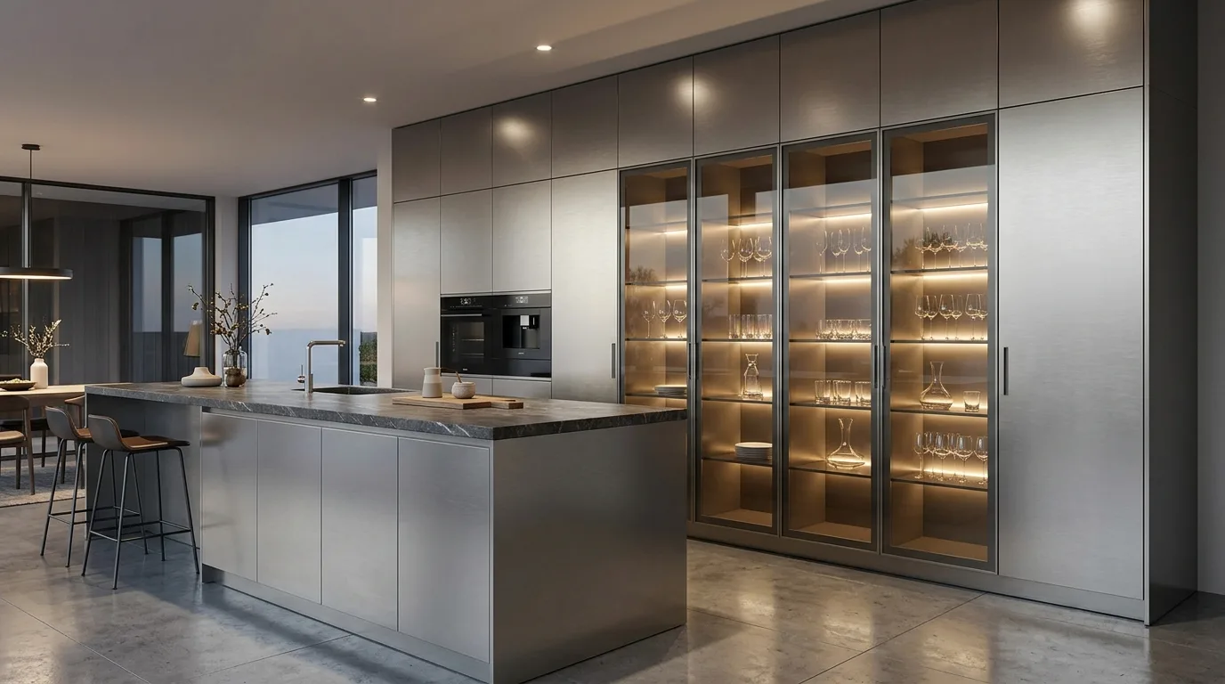 L-shaped kitchen layout with modern aluminium cabinets